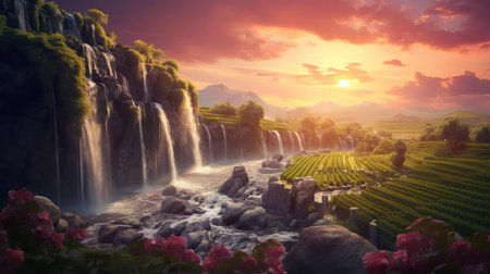 the waterfall cascades down a lush green hillside, surrounded by a picturesque grapes field, basking in the warm golden light of a serene sunset, creating a breathtaking scenery that embodies the beauty of nature's harmony in the countryside. ai generatedの素材