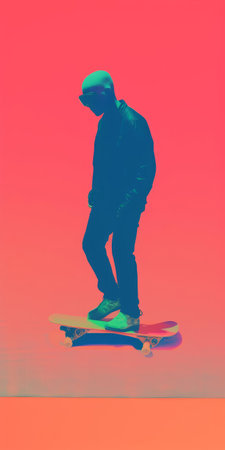 skateboard culture meets digital chaos in this striking risograph print, where bold, minimalist graphics are disrupted by vibrant glitch art elements, blending the physical and digital worlds in a mesmerizing visual fusion that's both futuristic and retro. ai generatedの素材