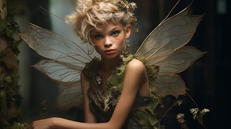 the pixie hybrid, a mesmerizing creature with delicate wings and vibrant colors, gazes directly into the lens, its whimsical features and gentle expression captivating the viewer in this stunning portrait photograph, showcasing the beauty of mythical creatures and fantasy art. ai generatedの素材