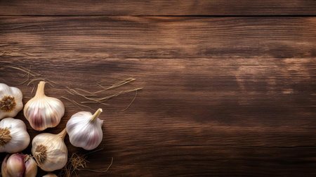 fresh garlic bulbs are arranged artfully on a rustic wood table, showcasing their pungent flavor and aromatic essence, perfect for adding depth to a variety of dishes, from savory meats to flavorful soups and stews, in a warm and inviting kitchen setting. ai generatedの素材