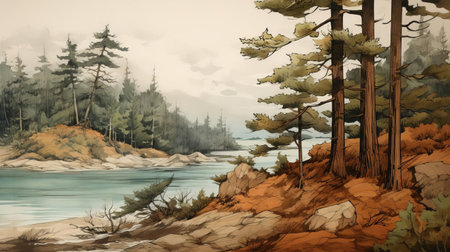 pine trees stand tall along the serene water's edge in this breathtaking landslide sketch, capturing the tranquility of nature's harmony, where rugged mountain slopes meet the gentle lapping of waves, evoking a sense of peaceful coexistence between earth and water. ai generatedの素材
