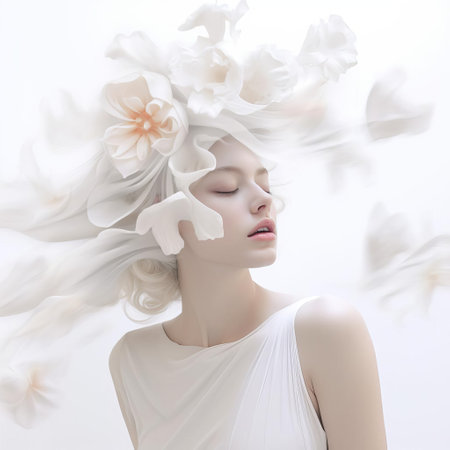 delightful flowers bloom in a pristine white background, showcasing their delicate petals and vibrant colors, evoking feelings of serenity and joy, perfect for nature lovers and photography enthusiasts seeking beautiful floral arrangements and still life compositions. ai generatedの素材