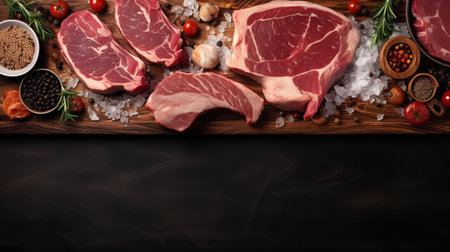 juicy meat is artfully arranged on a rustic wood table, showcasing a mouthwatering still life of tender cuts, fresh from the butcher, perfect for a summer barbecue or a hearty dinner, evoking feelings of hunger and warmth, with the natural wood grain adding a touch of earthiness. ai generatedの素材