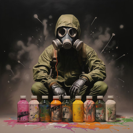 the vibrant spray paint can, standing out against a muted khaki background, showcases its bold colors and sleek design, perfect for artistic expressions, diy projects, and creative endeavors, offering a wide range of finishes and effects for various surfaces and materials. ai generatedの素材