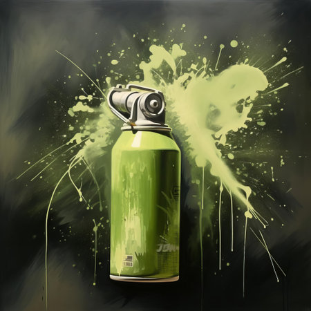 a vibrant can of spray paint stands out against a muted khaki background, showcasing its bold colors and artistic possibilities, perfect for diy projects, graffiti, street art, and creative expression, adding a pop of color to any surface or canvas. ai generatedの素材