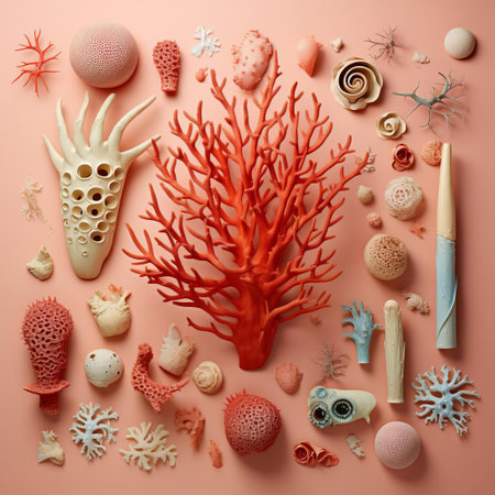 seashells scattered across a vibrant coral background, surrounded by other found objects like driftwood, pebbles, and seaweed, evoke a sense of oceanic serenity and the beauty of nature's treasures, perfect for coastal-themed home decor or marine-inspired art projects. ai generatedの素材