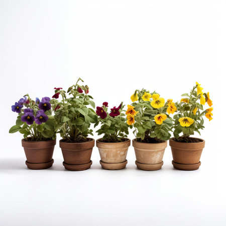 vibrant mimulus flowers, also known as monkey flowers, are beautifully arranged in a row of pots on a clean white background, showcasing their delicate petals and vibrant colors, perfect for adding a pop of color to any indoor space or garden design. ai generatedの素材