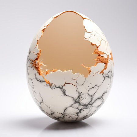 the egg, a symbol of new life and fertility, sits serenely against a pristine white background, its smooth, oval shape and delicate curves evoking a sense of simplicity and elegance, perfect for use in cooking, baking, or as a decorative element in food photography and still life compositions. ai generatedの素材