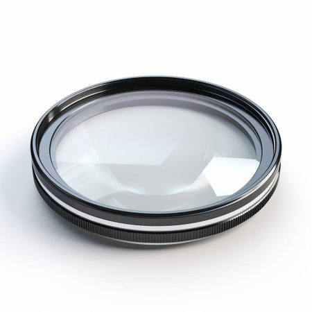 a camera lens sits isolated on a pristine white background, showcasing its sleek, basic design and flat profile, perfect for photography enthusiasts and professionals alike, ideal for capturing stunning images with precise focus and clarity. ai generatedの素材