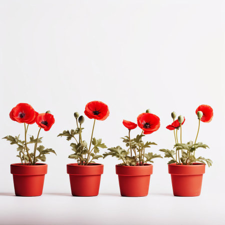 vibrant poppy flowers in pots sit elegantly on a pristine white background, showcasing their delicate petals and slender stems, perfect for adding a pop of color to any room or outdoor space, ideal for garden enthusiasts and nature lovers alike. ai generatedの素材