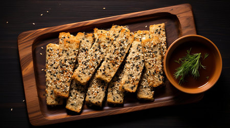 quinoa slices are beautifully arranged on a rustic wooden tray, showcasing their nutty brown color and delicate texture, perfect for a healthy snack or as a topping for salads, bowls, or as a crunchy addition to your favorite recipes. ai generatedの素材