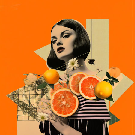 vibrant collage artwork pops against a bold orange background, showcasing a mesmerizing mix of textures, shapes, and colors, evoking feelings of creativity and playfulness, perfect for adding a splash of modern art to any room's decor, inspiring imagination and artistic expression. ai generatedの素材