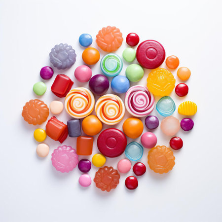 candy pieces are beautifully arranged on a simplistic white background in this vibrant photo, showcasing their colorful wrappers and tantalizing shapes, perfect for a sweet treat or dessert decoration inspiration, evoking feelings of nostalgia and childhood wonder. ai generatedの素材