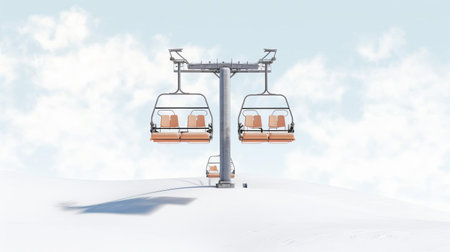 chairlift stands alone on a pristine white background, its sleek design and sturdy structure on full display, evoking feelings of winter wonderlands, snowy mountains, and thrilling ski resort adventures, perfect for capturing the essence of winter sports and mountainous landscapes. ai generatedの素材