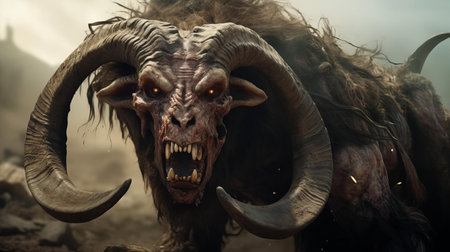 the demon lord baalzebul, a terrifying creature from the depths of the underworld, emerges from the shadows in this haunting 4k image, its grotesque features and twisted horns exuding malevolent energy, as if summoned from the darkest corners of hell, evoking fear and dread in all who dare gaze upon its nightmarish visage. ai generatedの素材
