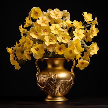 the elegant luxury vase, adorned with delicate primrose flowers, stands out against a pristine white background, showcasing its refined beauty and sophisticated design, perfect for adding a touch of upscale charm to any home decor or interior design setting. ai generatedの素材