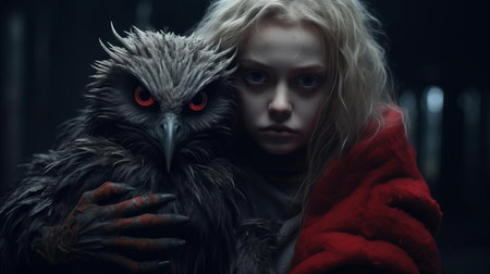 the demon stolas, a terrifying entity from ancient mythology, emerges from the shadows in this hauntingly realistic 4k image, its grotesque features and piercing eyes evoking a sense of dread, as if summoned from the depths of hell itself, exuding malevolent energy and foreboding doom. ai generatedの素材