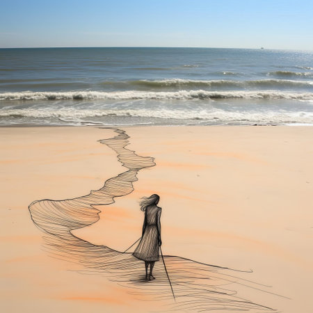 the beach painting, characterized by a somber and melancholic tone, features a minimalist one-line drawing that evokes a sense of simplicity and serenity, transporting viewers to a peaceful coastal scene, perfect for relaxation and contemplation, with the subtle nuances of the artist's strokes. ai generatedの素材
