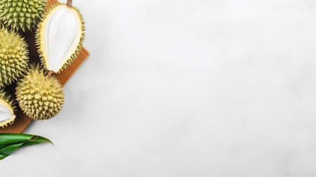 durian, the king of fruits, takes center stage on a white chalkboard, surrounded by its vibrant green skin and creamy white flesh, showcasing its unique spiky exterior and soft interior, perfect for fruit lovers and culinary enthusiasts to drool over in this flat lay view banner, highlighting tropical flavors and exotic cuisine. ai generatedの素材