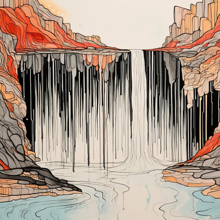 the waterfall, a mesmerizing piece of art, is beautifully captured in a triste one-line drawing painting, evoking feelings of serenity and calmness, with gentle curves and subtle shading, transporting viewers to a peaceful natural setting, surrounded by lush greenery and misty atmosphere. ai generatedの素材