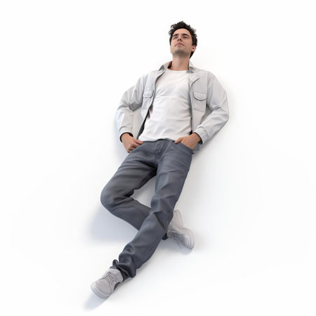 jacob, a serene 3d male figure, stands relaxed in a neutral white background, showcasing his full body in a tranquil pose, perfect for digital art, 3d modeling, and computer-generated imagery projects, highlighting the beauty of human anatomy and calmness. ai generatedの素材
