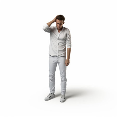 michael, a stressed businessman, stands out against a crisp white background, his full body language conveying anxiety and frustration, as he struggles to meet deadlines and manage workload, highlighting the pressures of modern corporate life and the importance of stress management techniques. ai generatedの素材