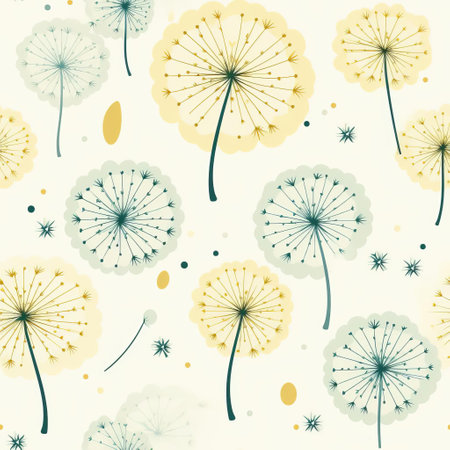 dandelion flowers bloom beautifully in this vibrant vector pattern, featuring delicate yellow petals and feathery leaves on a soft green background, creating a seamless and repeatable design perfect for wallpaper, fabric, or gift wrap, evoking feelings of springtime and whimsy. ai generatedの素材