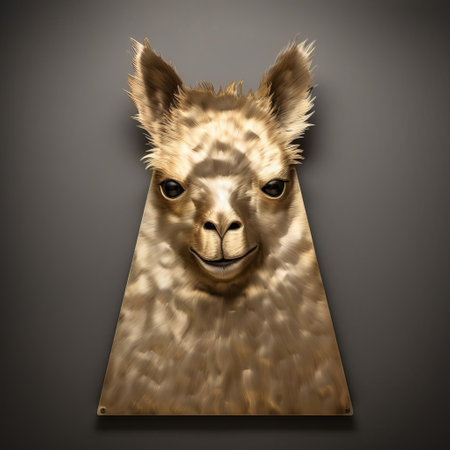 the alpaca, with its imperfect fleece, lies on a brushed metal flat surface, showcasing its soft, fuzzy texture against the cool, industrial background, highlighting the contrast between natural and synthetic materials in a unique still-life composition. ai generatedの素材