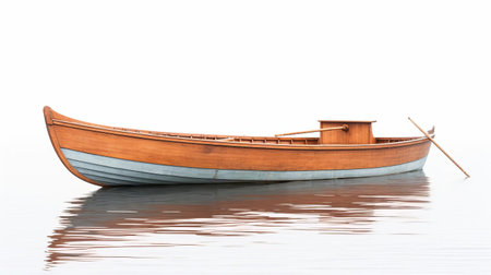 a serene rowboat sits isolated on a pristine white background, its wooden hull and oars gleaming in the soft light, evoking feelings of tranquility and peacefulness, perfect for relaxation and meditation, or as a symbol of adventure and exploration on calm waters. ai generatedの素材