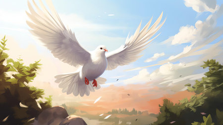 the dove illustration exudes a serene atmosphere, radiating peaceful and calm feelings, perfect for creating a soothing ambiance in any space, evoking emotions of tranquility, harmony, and gentle beauty, ideal for relaxation and meditation, bringing a sense of stillness and quiet contemplation. ai generatedの素材