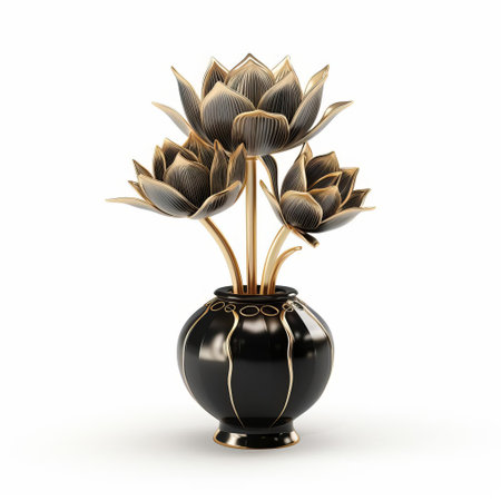 the elegant luxury vase, adorned with a stunning lotus design, takes center stage on a pristine white background, showcasing its intricate details and sophisticated beauty, perfect for adding a touch of refinement to any home decor or office space. ai generatedの素材