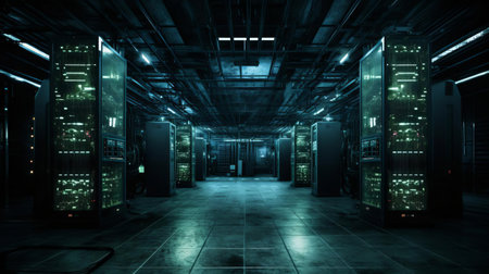 the server farm, a sprawling complex of outdated computer hardware, sits idle and in disrepair, awaiting a much-needed renovation to upgrade its data center infrastructure and improve its cloud computing capabilities for efficient data storage and processing. ai generatedの素材