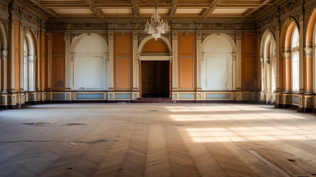 the ballroom, with its elegant chandeliers and ornate mirrors, stands in disrepair, awaiting a much-needed renovation to restore its former glory, its faded grandeur and worn parquet floor a testament to the passage of time and neglect. ai generatedの素材