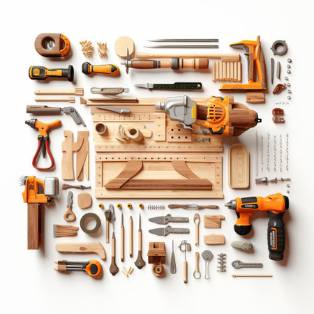 a carpenter's workstation showcases a variety of hand tools and materials on a clean white background, highlighting the precision and craftsmanship involved in woodworking, furniture making, and cabinetry, with a focus on detail and quality. ai generatedの素材