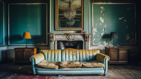 the lounge, with its worn-out furniture and faded walls, desperately needs a renovation to restore its former glory, featuring a outdated coffee table, stained carpet, and old-fashioned lighting fixtures, crying out for a modern makeover to become a cozy and inviting space once again. ai generatedの素材