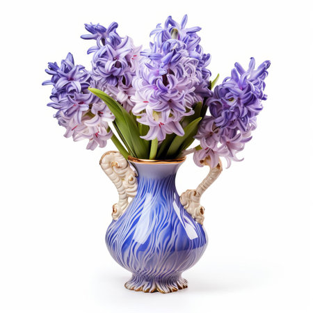 the elegant luxury vase, adorned with intricate designs, proudly showcases a beautiful hyacinth flower, its delicate petals and vibrant colors standing out against a pristine white background, evoking feelings of sophistication and refinement in home decor and floral arrangements. ai generatedの素材