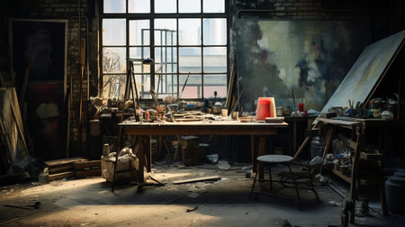 this abandoned studio, cluttered with old furniture and dusty equipment, desperately needs renovation to restore its former glory, with peeling paint, worn-out floors, and outdated lighting fixtures crying out for a makeover to bring it back to life. ai generatedの素材