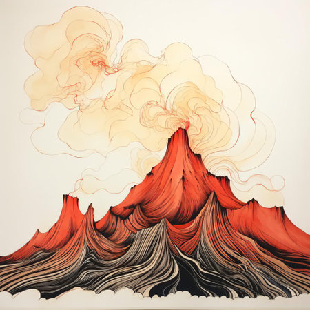 the volcano painting, rendered in a somber tone, exudes a sense of melancholy, its triste atmosphere evoked through bold, expressive brushstrokes and a striking one-line drawing style, capturing the raw power and beauty of this natural wonder in a unique and captivating artistic interpretation. ai generatedの素材