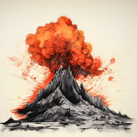 the volcano painting "triste" is a stunning one-line drawing masterpiece, showcasing a solitary, majestic volcano amidst a desolate landscape, evoking feelings of melancholy and isolation, with bold brushstrokes and vibrant colors that transport viewers to a world of eerie beauty and contemplation. ai generatedの素材