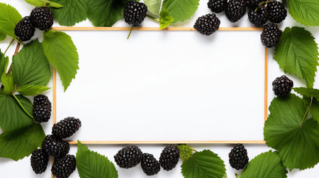 mulberry fruit lies beautifully on a rustic white chalkboard, surrounded by lush green leaves, creating a stunning flat lay view perfect for banners, wallpapers, and culinary themed designs, evoking feelings of natural elegance and sophistication in food photography and still life compositions. ai generatedの素材