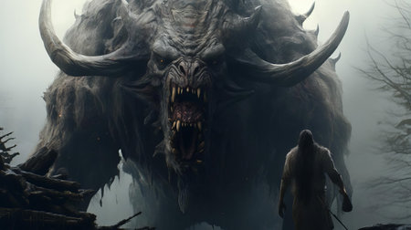 the behemoth, a terrifying monster from ancient mythology, emerges from the shadows in this haunting 4k image, its massive, scaly body and razor-sharp claws evoking fear and dread, as if it's about to pounce on its next victim, bringing darkness and destruction to all in its path. ai generatedの素材