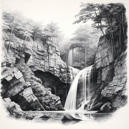 the waterfall painting, rendered in a melancholic tone, features a solitary, expressive line drawing that evokes a sense of serenity and contemplation, transporting viewers to a serene natural setting, perfect for art enthusiasts and nature lovers alike, seeking calming and soothing visual experiences. ai generatedの素材