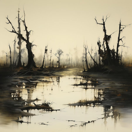 the swamp, a mystical and eerie landscape, comes alive in this hauntingly beautiful painting, characterized by a single, expressive line drawing that evokes a sense of melancholy and triste, transporting viewers to a world of mystery and contemplation, where nature's beauty and darkness entwine. ai generatedの素材