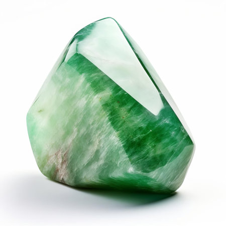 aventurine stone, a type of quartz, shines brightly against a pristine white background, showcasing its mesmerizing green-blue hues and speckled inclusions, evoking feelings of calmness and serenity, perfect for meditation and healing practices, or as a stunning addition to any jewelry collection. ai generatedの素材