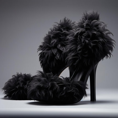 the stiletto heels feature a luxurious black angora texture, adding a touch of sophistication to any outfit, perfect for fashionistas who crave high-end style, with their sleek 3d design and towering height, ideal for making a statement at formal events or nights out. ai generatedの素材