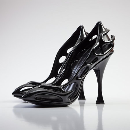 high heels stand tall in this dramatic shot, showcasing the sleek, glossy finish of black acetate texture, perfectly capturing the intricate details of the 3d design, ideal for fashion enthusiasts and shoe aficionados looking for stylish, modern footwear inspiration. ai generatedの素材