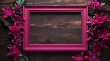 the fuchsia frame sits elegantly on a warm brown mockup background, showcasing a beautiful contrast of vibrant pinkish-purple hues against earthy tones, perfect for designers and artists looking to add a pop of color to their digital art, graphic designs, and social media visuals. ai generatedの素材