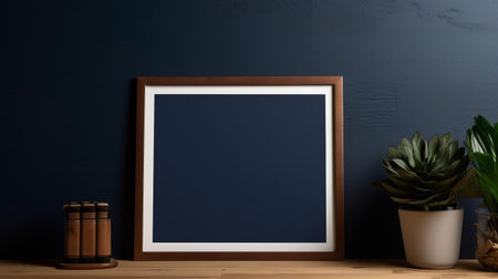 the navy frame sits elegantly on a warm brown background, creating a stunning mockup perfect for showcasing artwork, photographs, or prints, adding a touch of sophistication and refinement to any room's decor with its classic color combination and sleek design. ai generatedの素材
