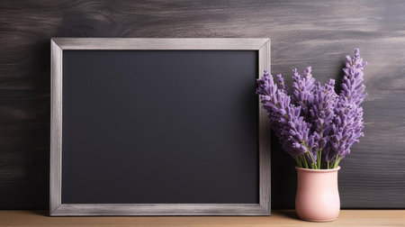 a lavender frame sits elegantly on a charcoal background, creating a stunning visual contrast in this beautifully designed mockup, perfect for showcasing artwork, quotes, or photography, adding a touch of sophistication and modernity to any digital project or social media post. ai generatedの素材
