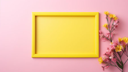 the vibrant yellow frame takes center stage on a soft pink mockup background, creating a stunning visual contrast that pops with creativity, perfect for showcasing artwork, photography, or design projects, adding a touch of modern elegance to any digital presentation or social media post. ai generatedの素材